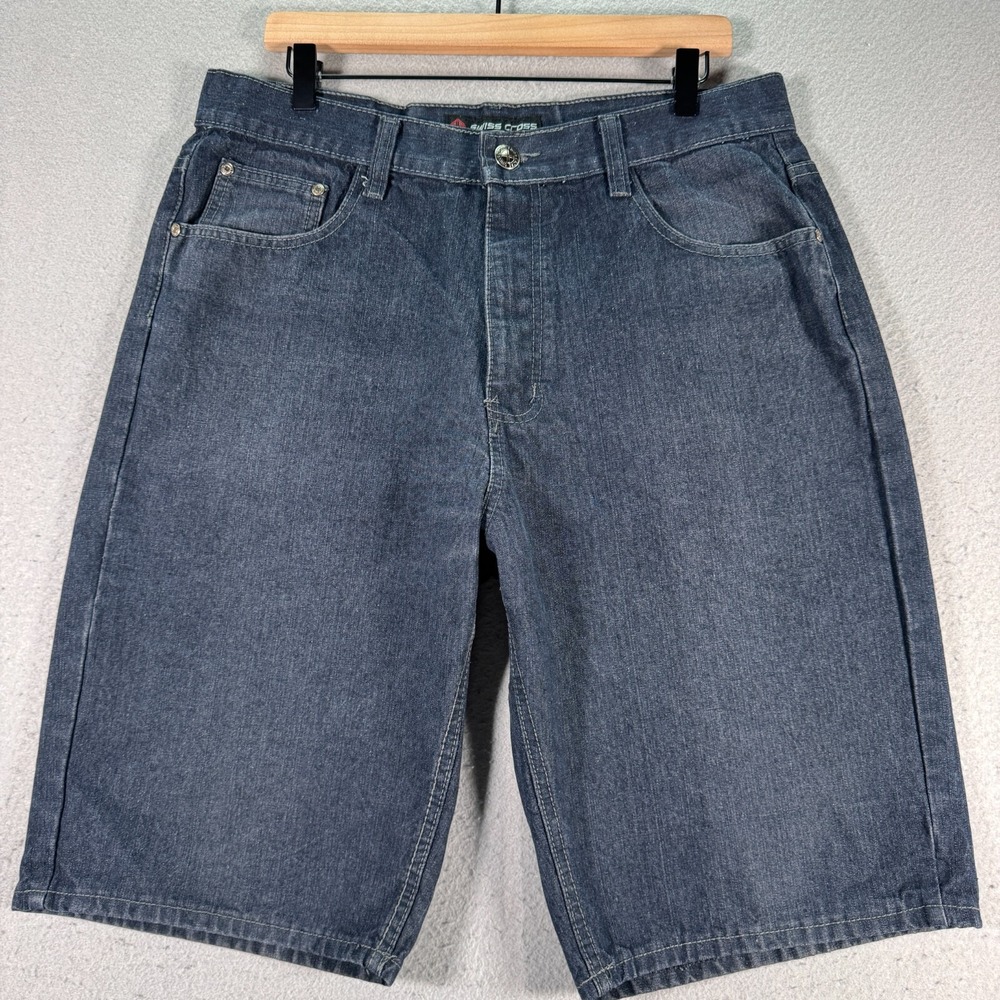 Vintage‎ Swiss Cross New York Jean Shorts Mens 34 Blue Dark Wash Denim Baggy 11"